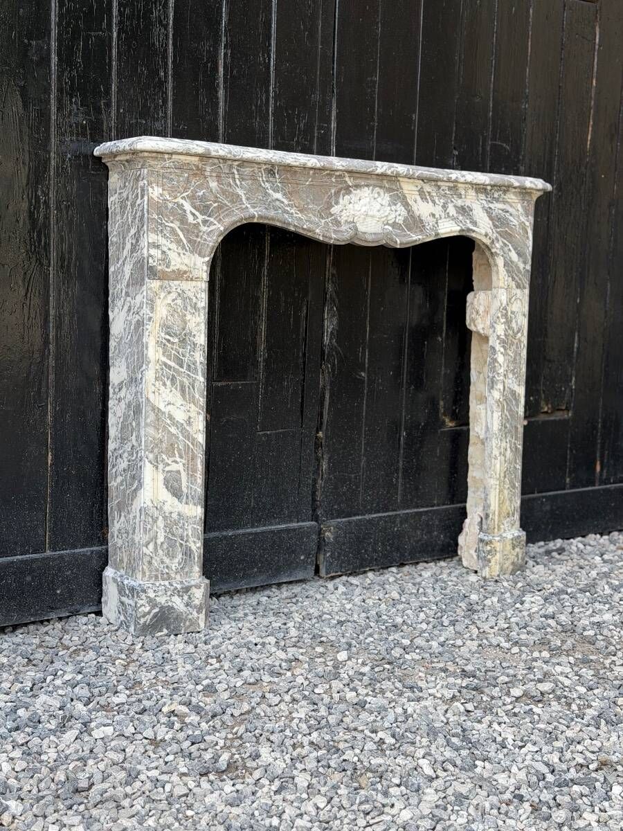 Louis XV fireplace in grey Ardennes marble, a floral basket in white marble, late 18th century.