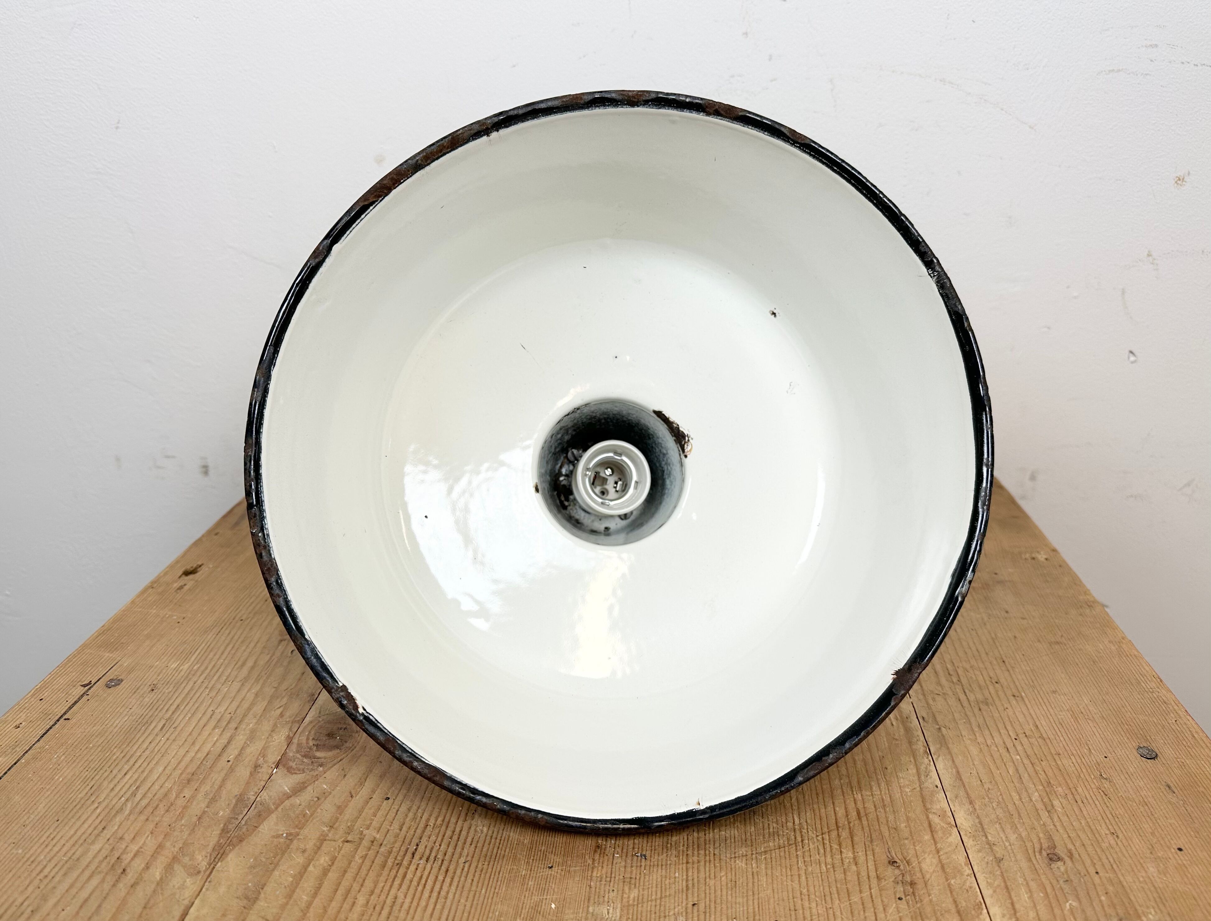 Industrial Grey Enamel Factory Lamp with Cast Iron Top, 1960s