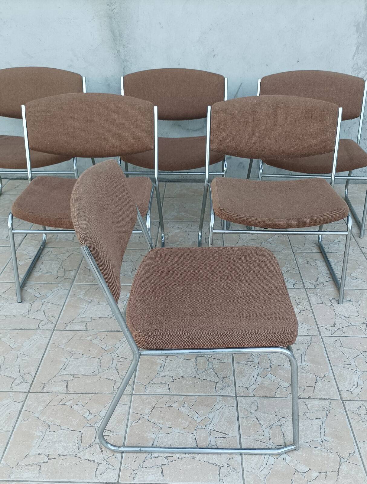 Set of 6 vintage low chrome metal chairs