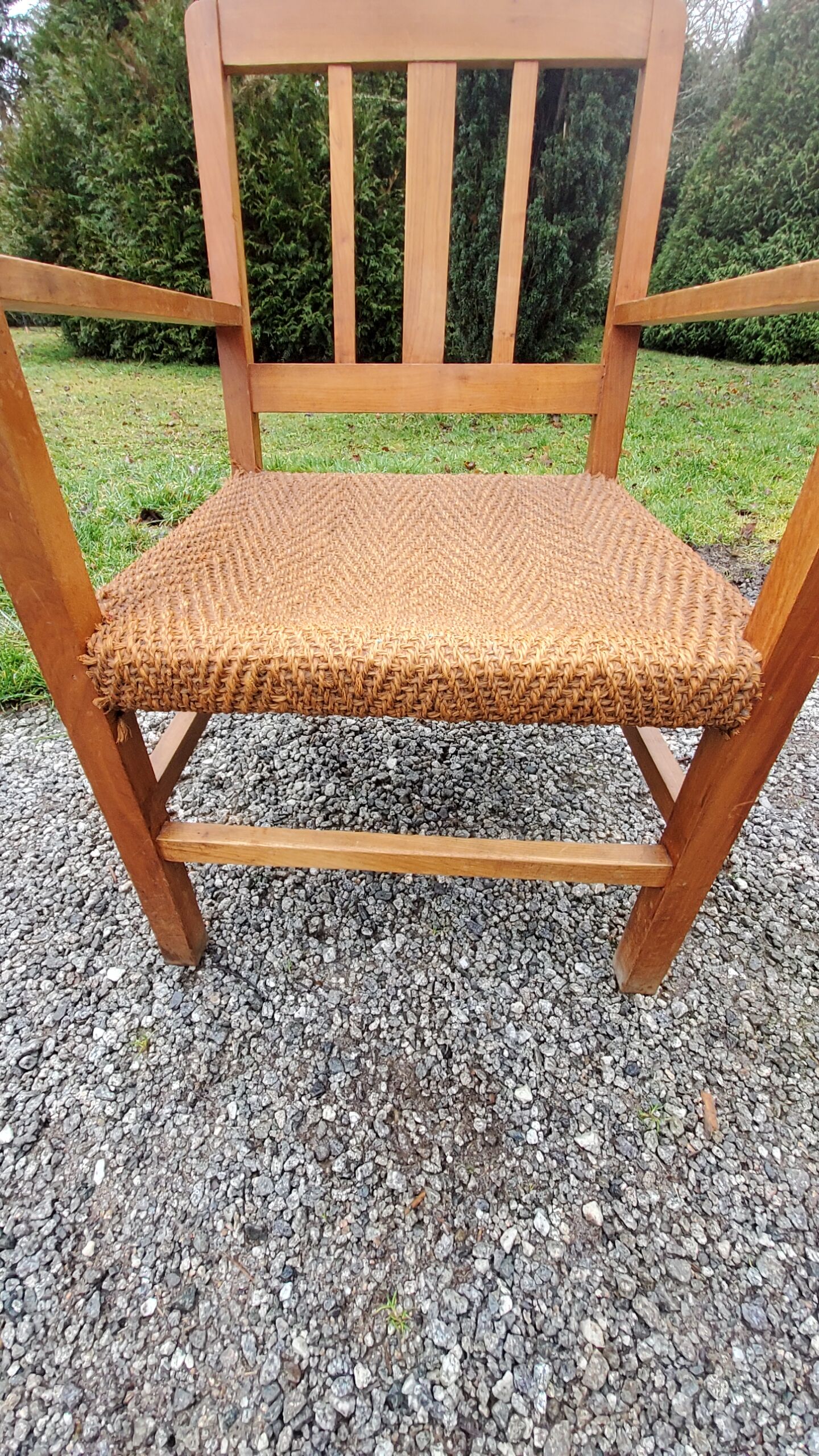 Scandinavian armchair of the 50s in cherry tree sitting in rope