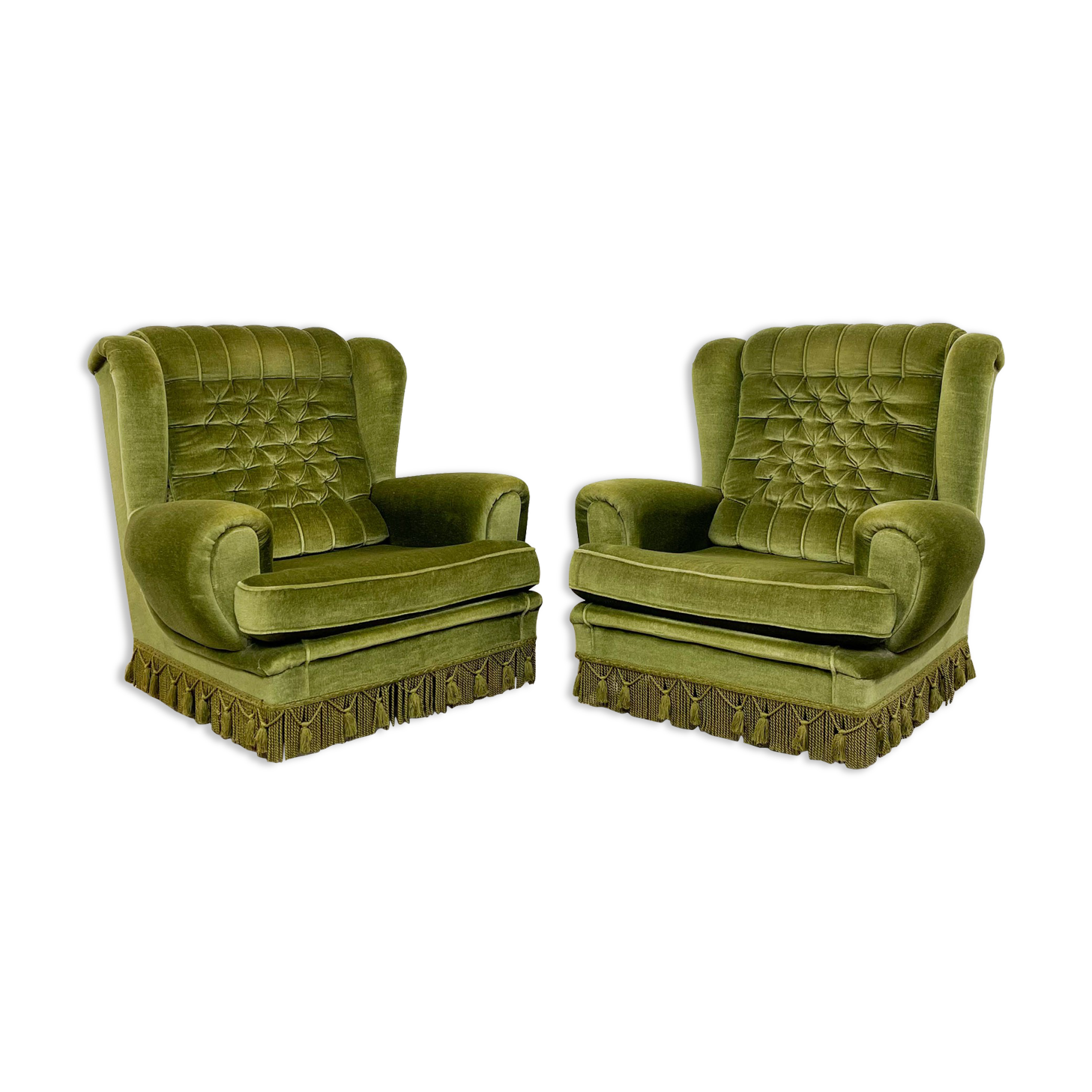 Set of two vintage original green velvet armchairs
