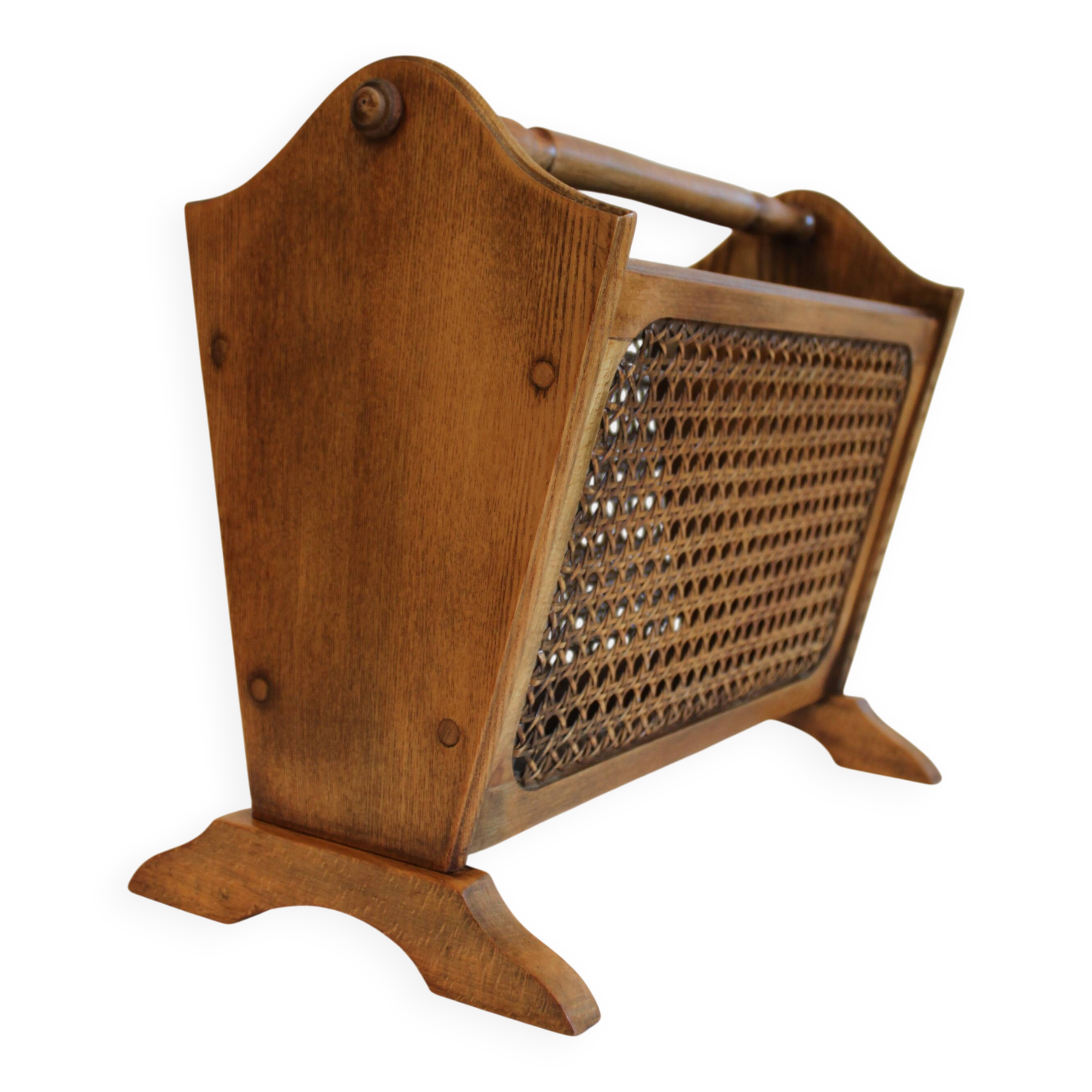 Vintage magazine rack in wood and caning, 50s