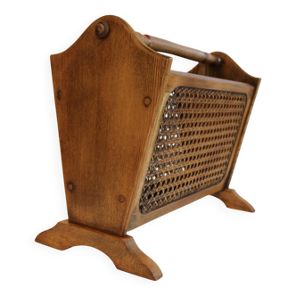 Vintage magazine rack in wood and caning, 50s