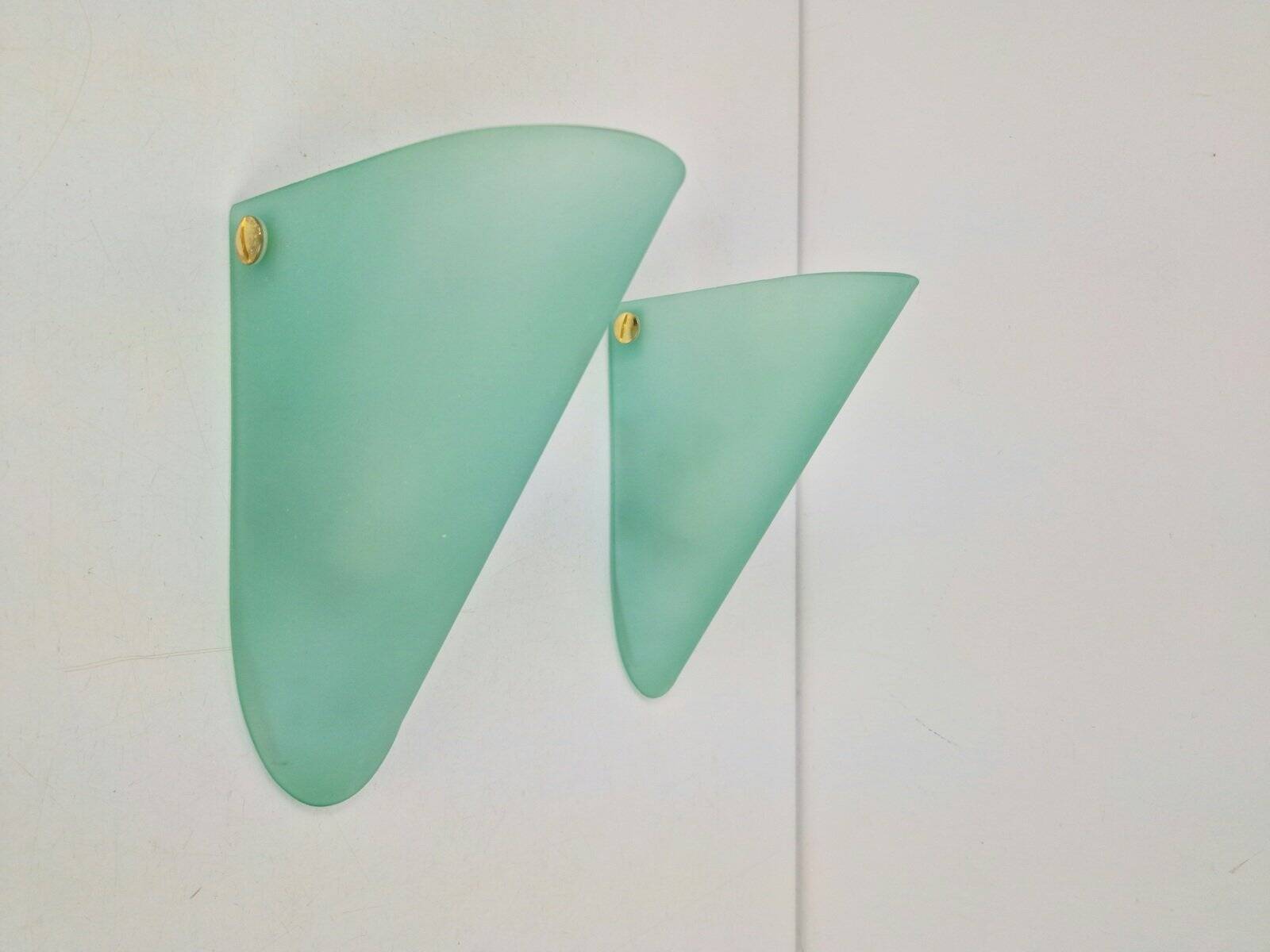 Vintage Triangular Conical Wall Sconces in Green Frosted Glass from Lumal-It, 1990s, Set of 2