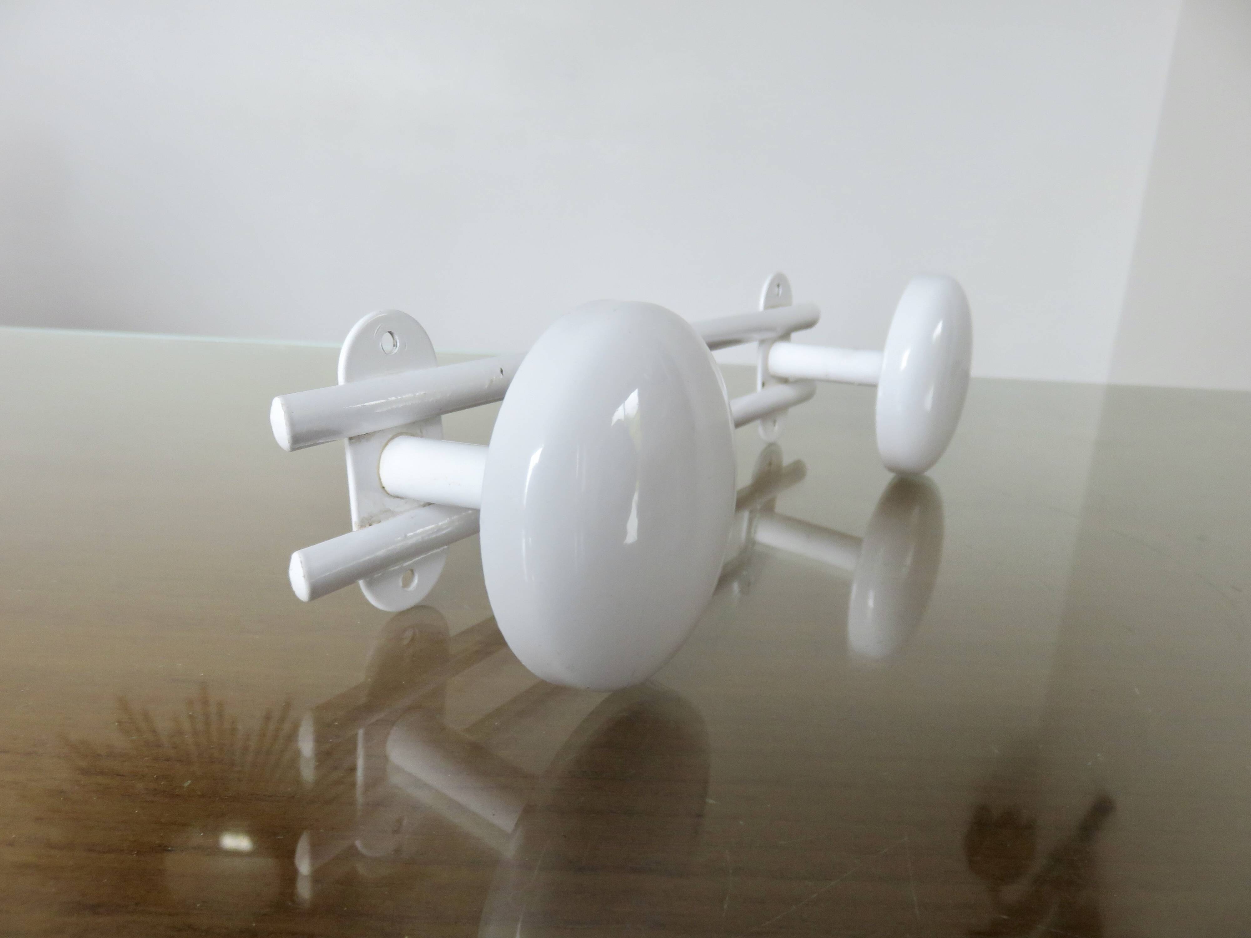 Wall coat rack in white lacquered metal with 2 hooks, 1970s