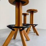 Set of 4 solid elm wood bar stools, vintage 70s design