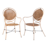 Pair of rattan and iron armchairs
