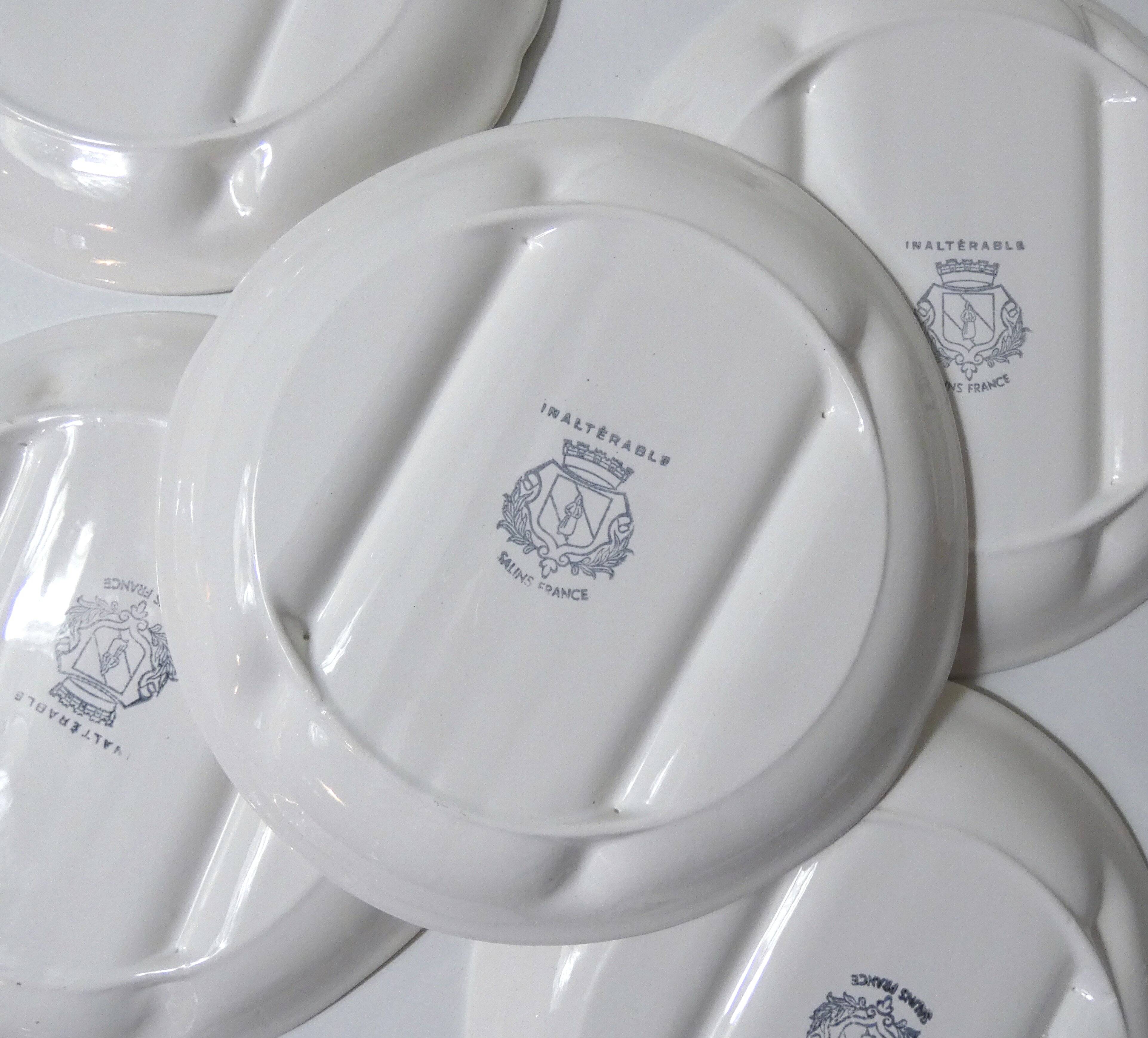 8 plates + 1 asparagus dish, salins earthenware, vintage white pompadour