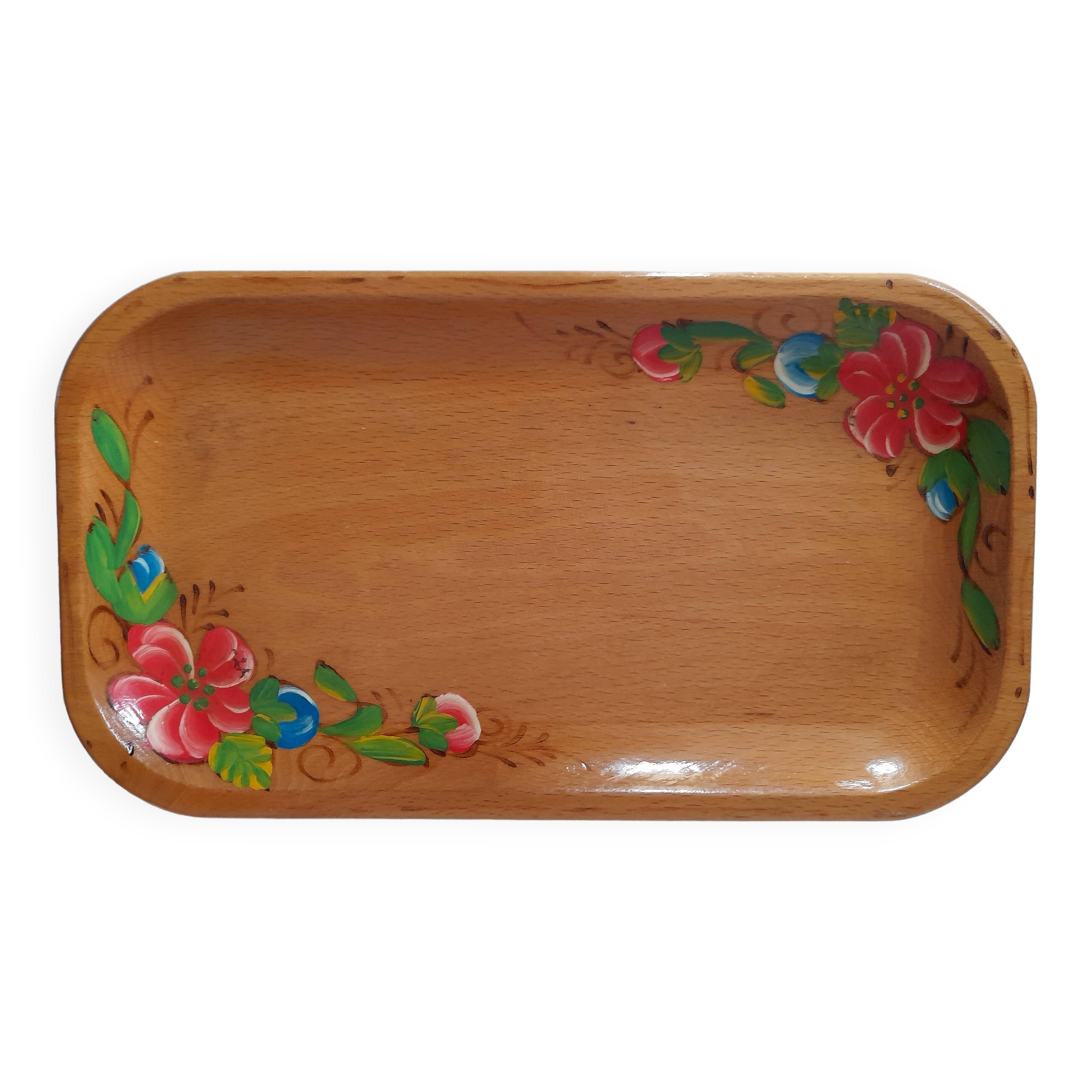 Vintage wooden tray with painted flowers