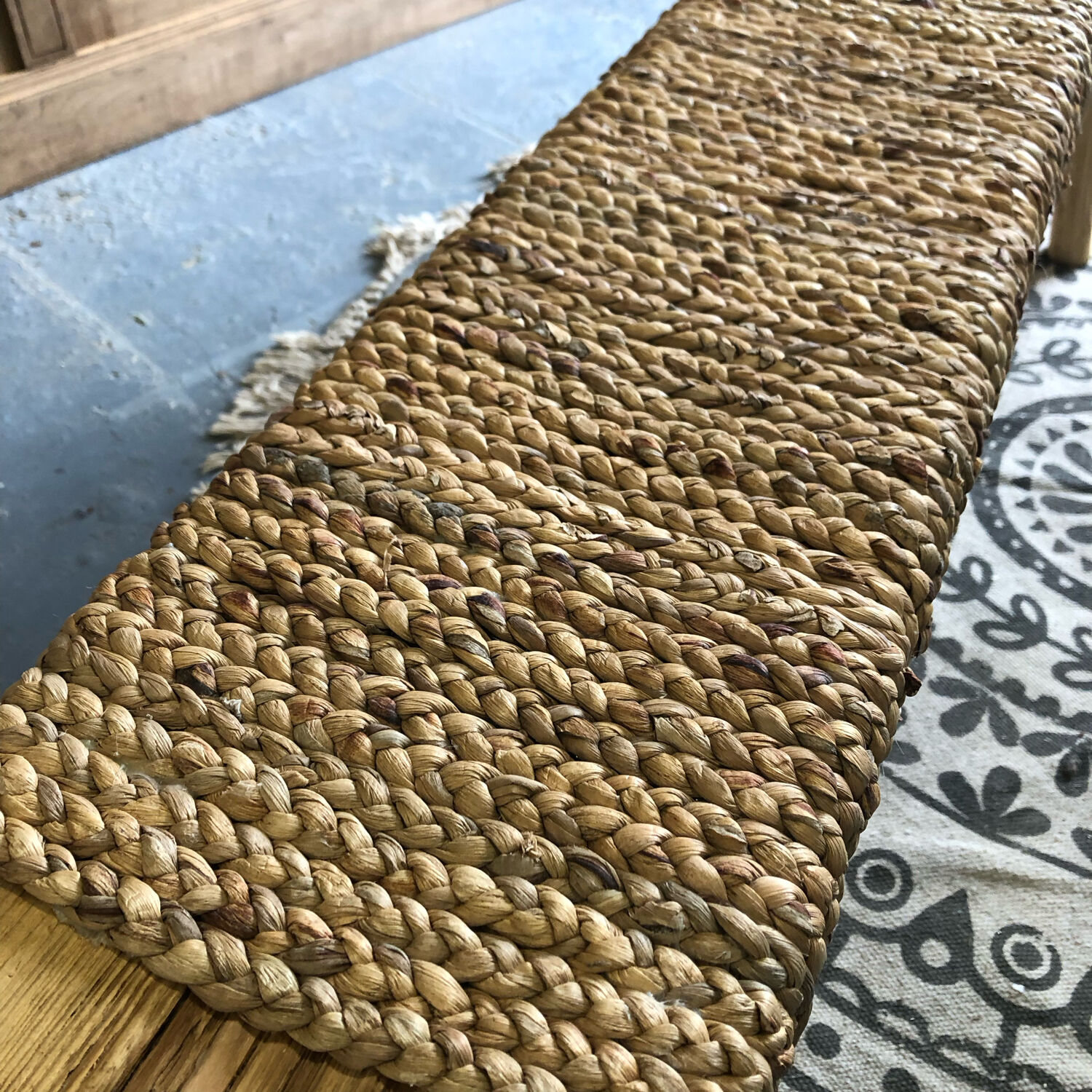 Handmade bench, wood and water hyacinth
