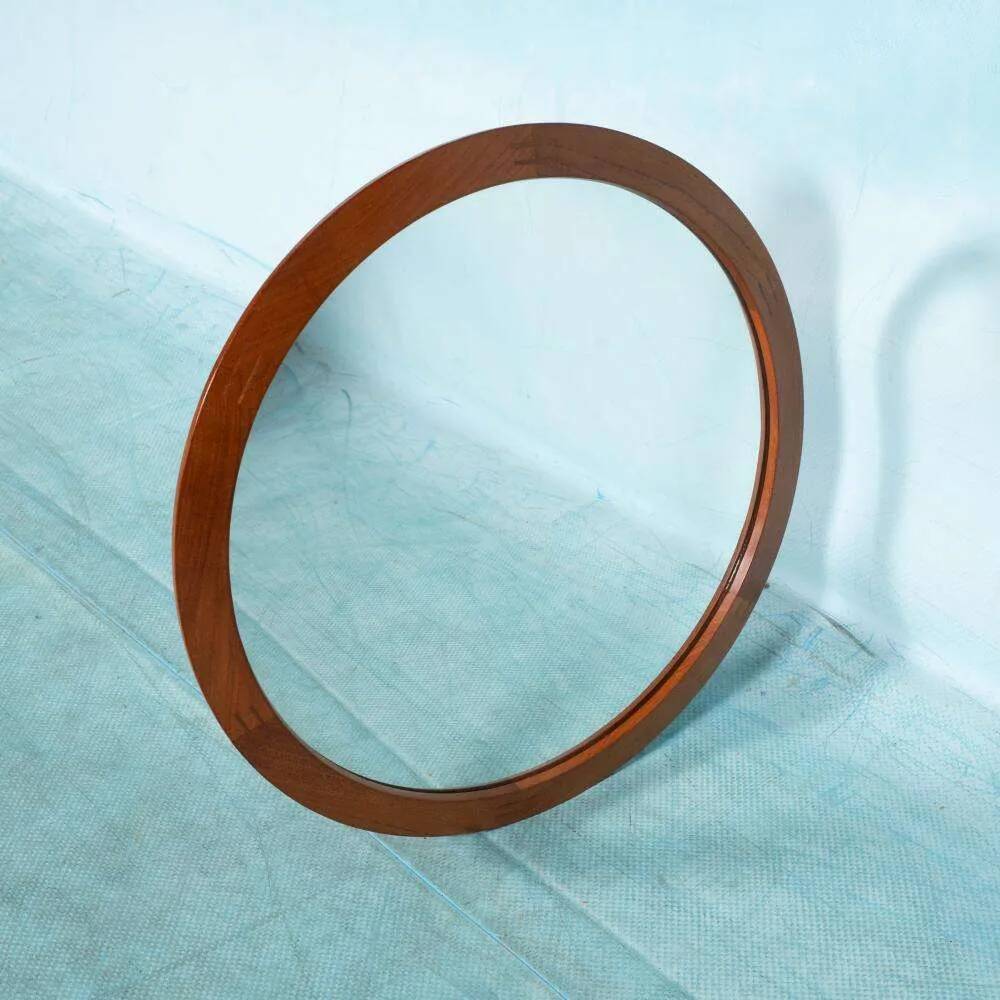 Vintage round mirror Aksel Kjersgaard, Danish teak design.