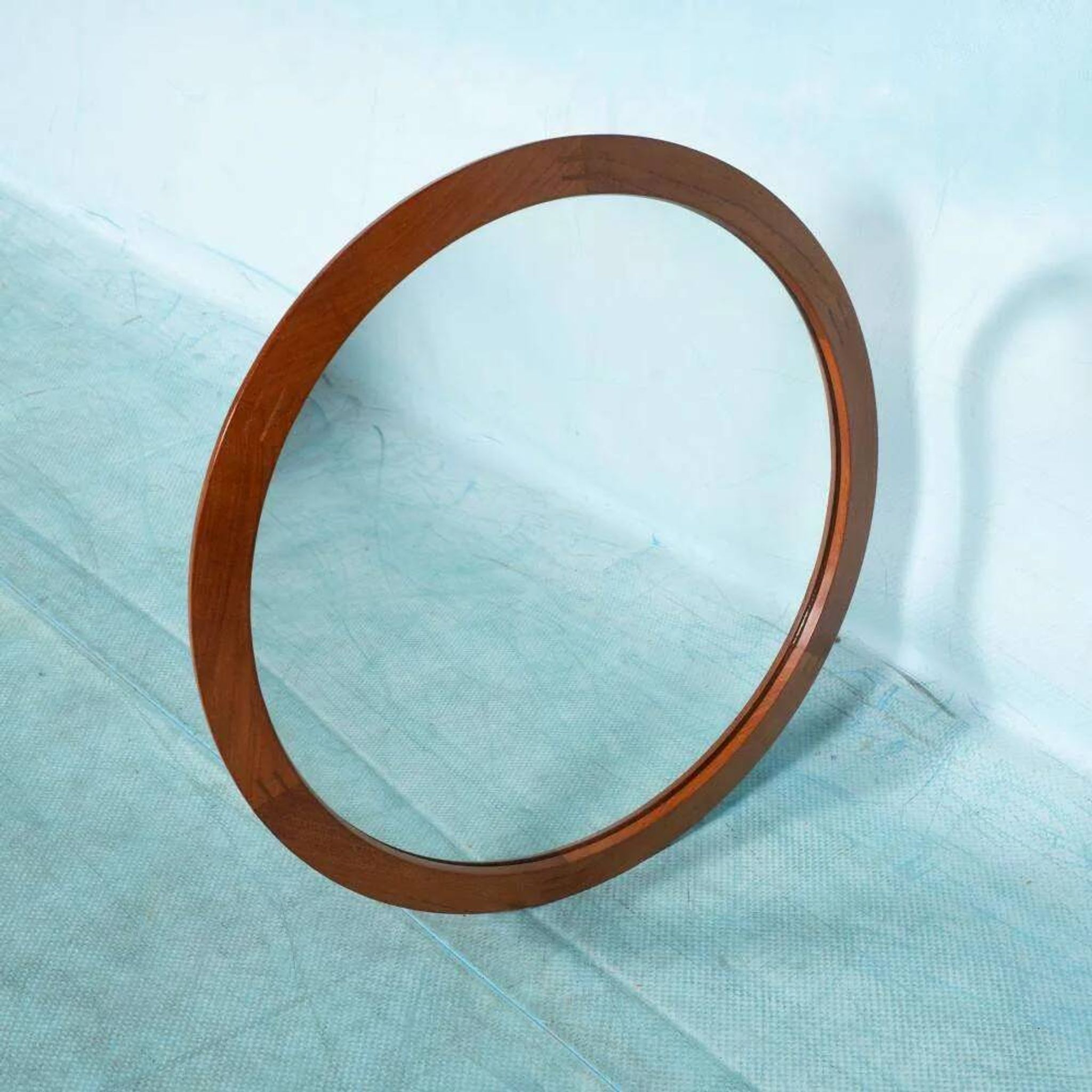 Vintage round mirror Aksel Kjersgaard, Danish teak design.