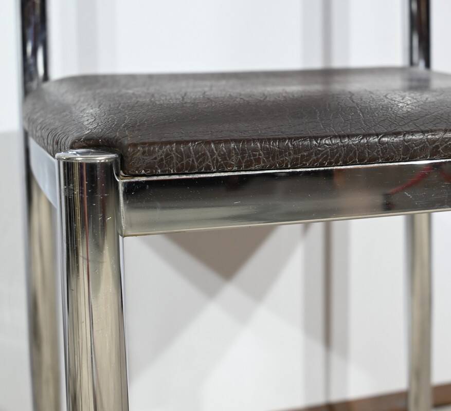 Suite of 3 Leather and Chrome Metal Chairs, attributed to Collomb Creation – 1970