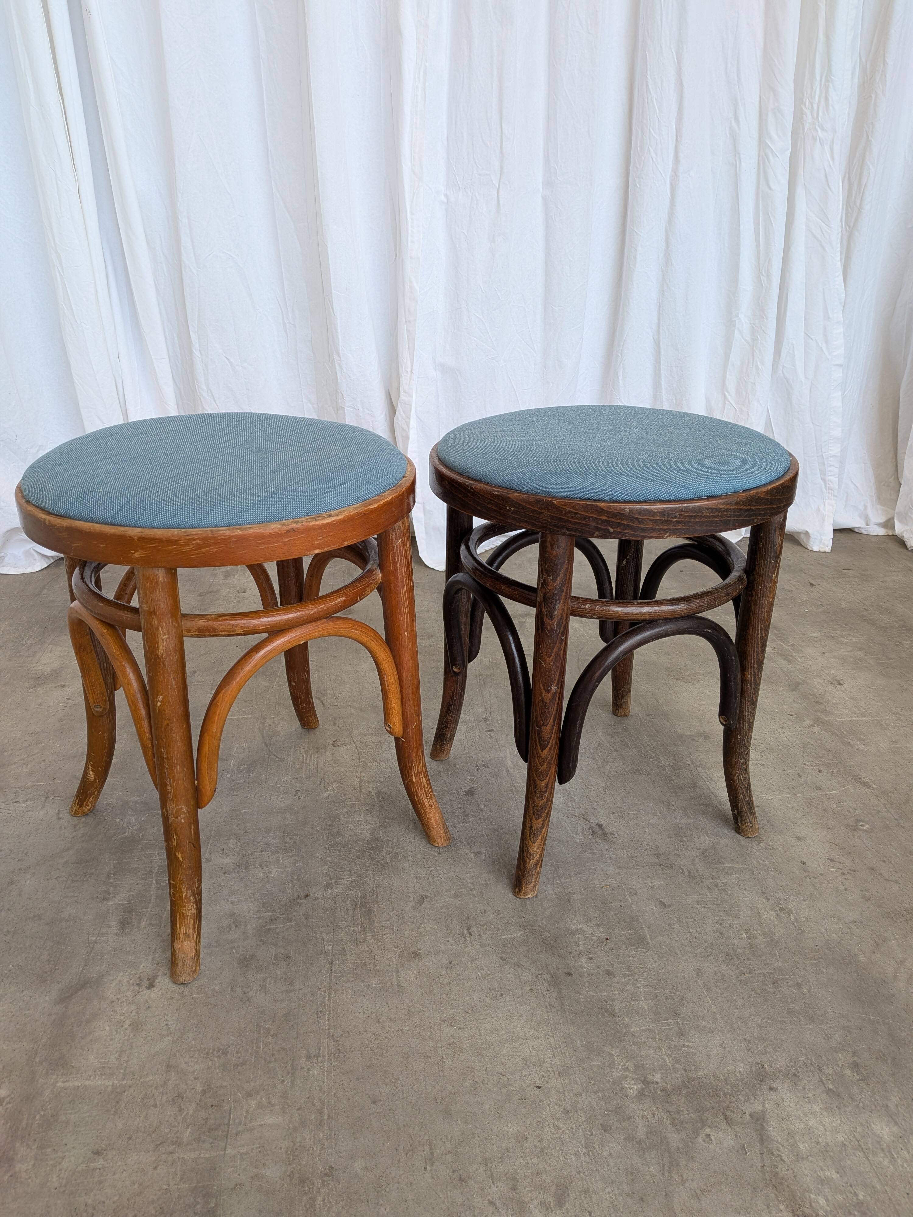 Pair of Vintage Bentwood Stools / Thonet Style / Upholstered Seat in Blue