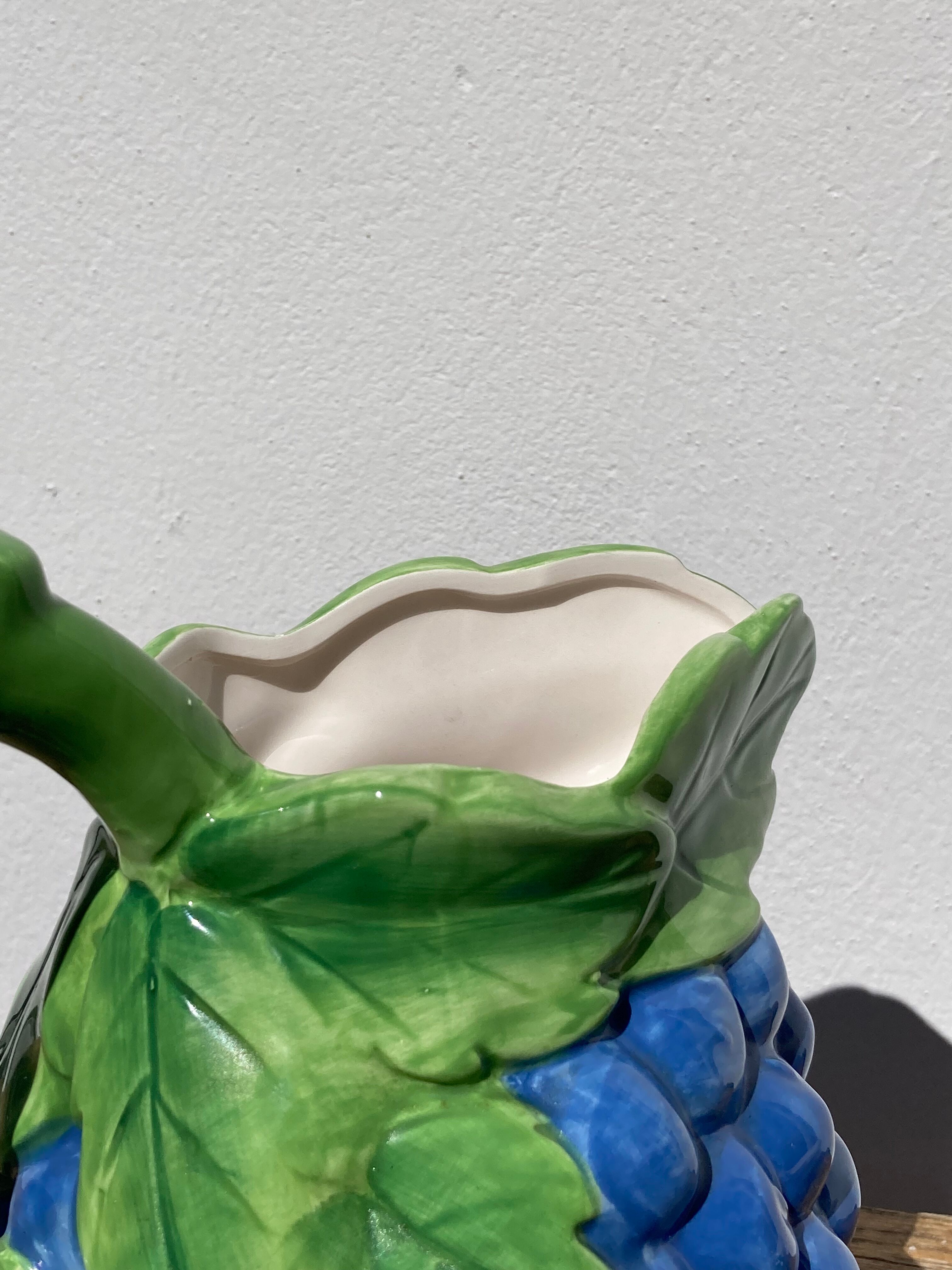 Pitcher in purple and green grape slurry / vintage ceramic decanter