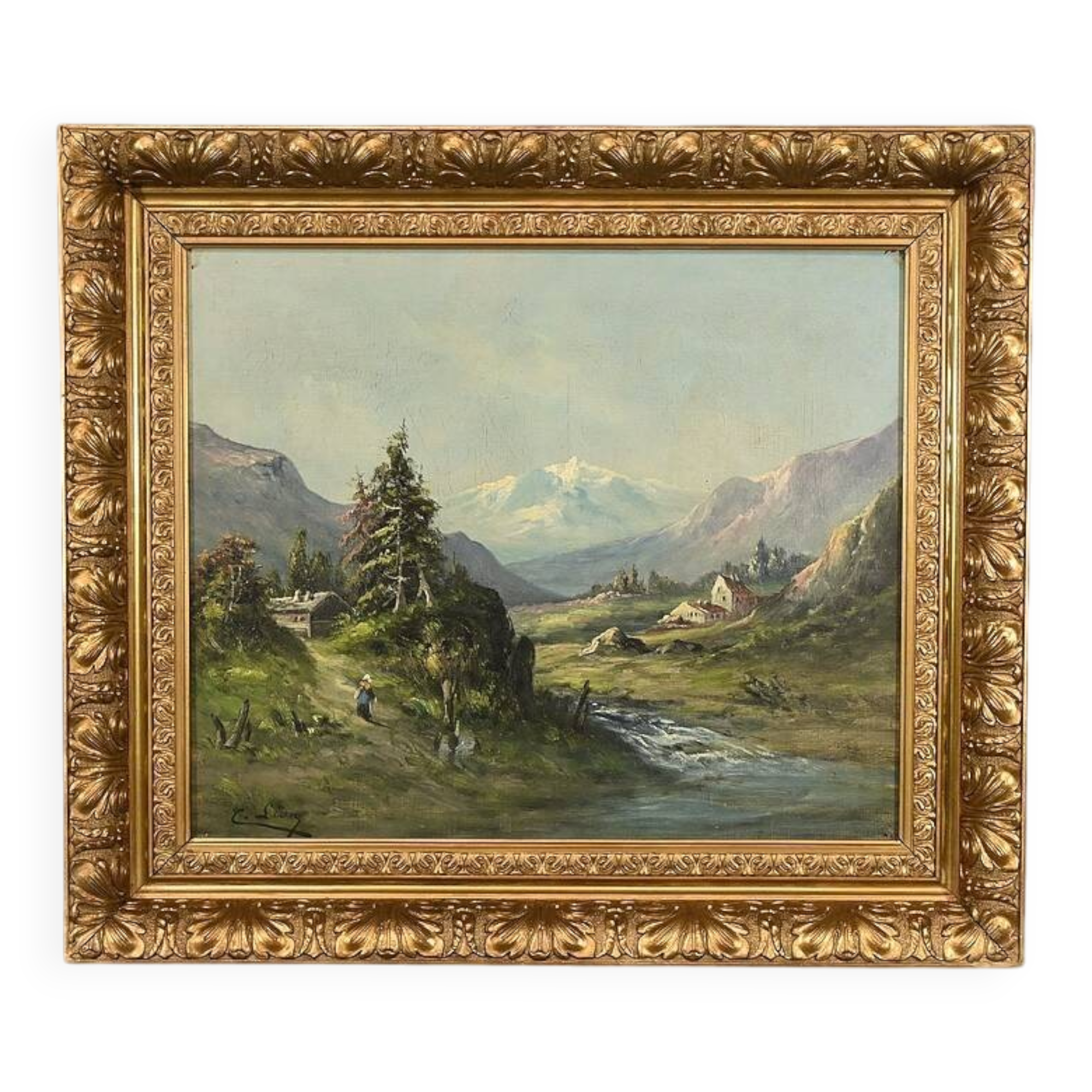 Oil on canvas "Mountain Landscape", signed C. Lion – Late 19th century