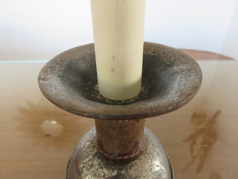 Pair of hammered raw steel and leather lamps 40 50s