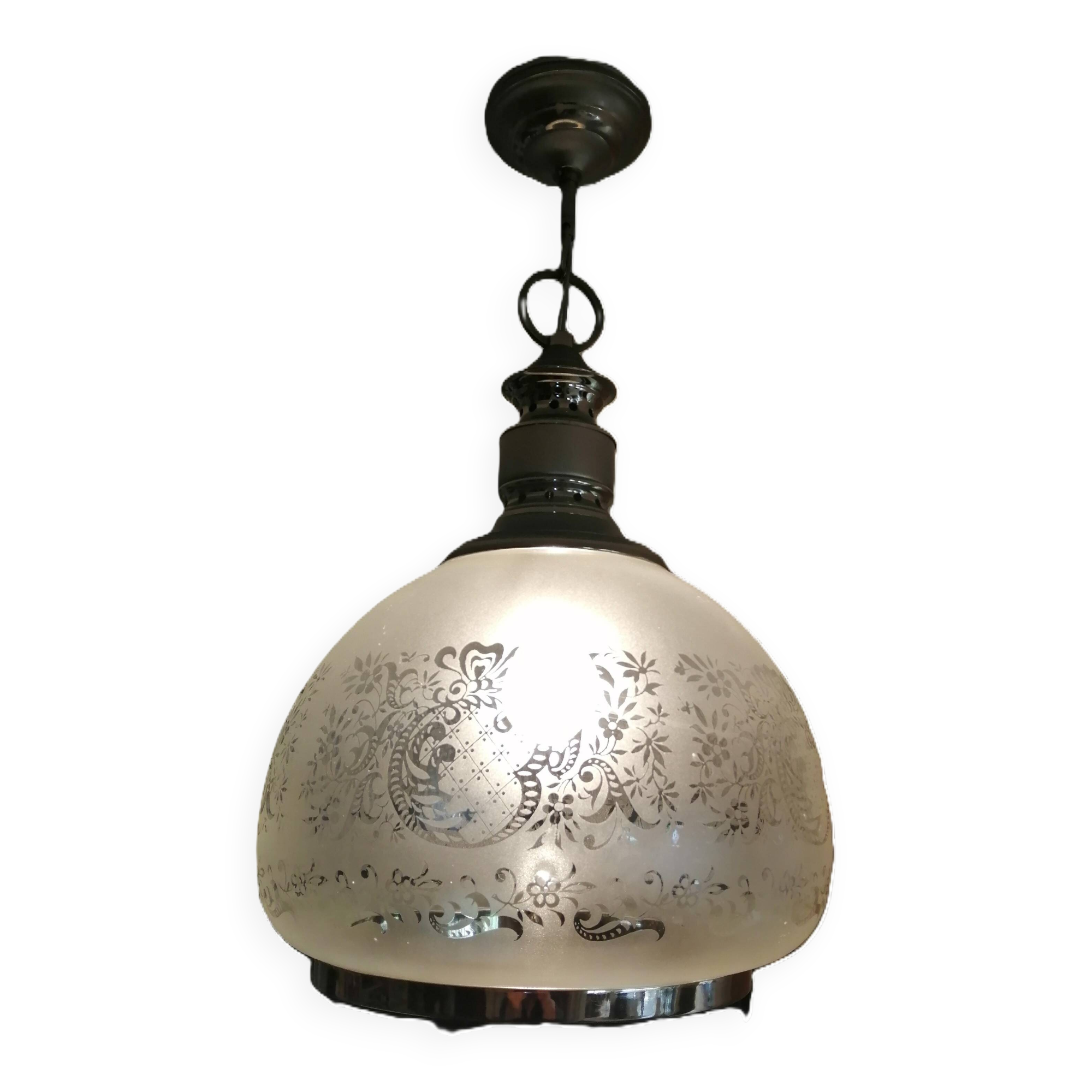 Large engraved glass globe pendant mounted on chrome steel, Art Deco.