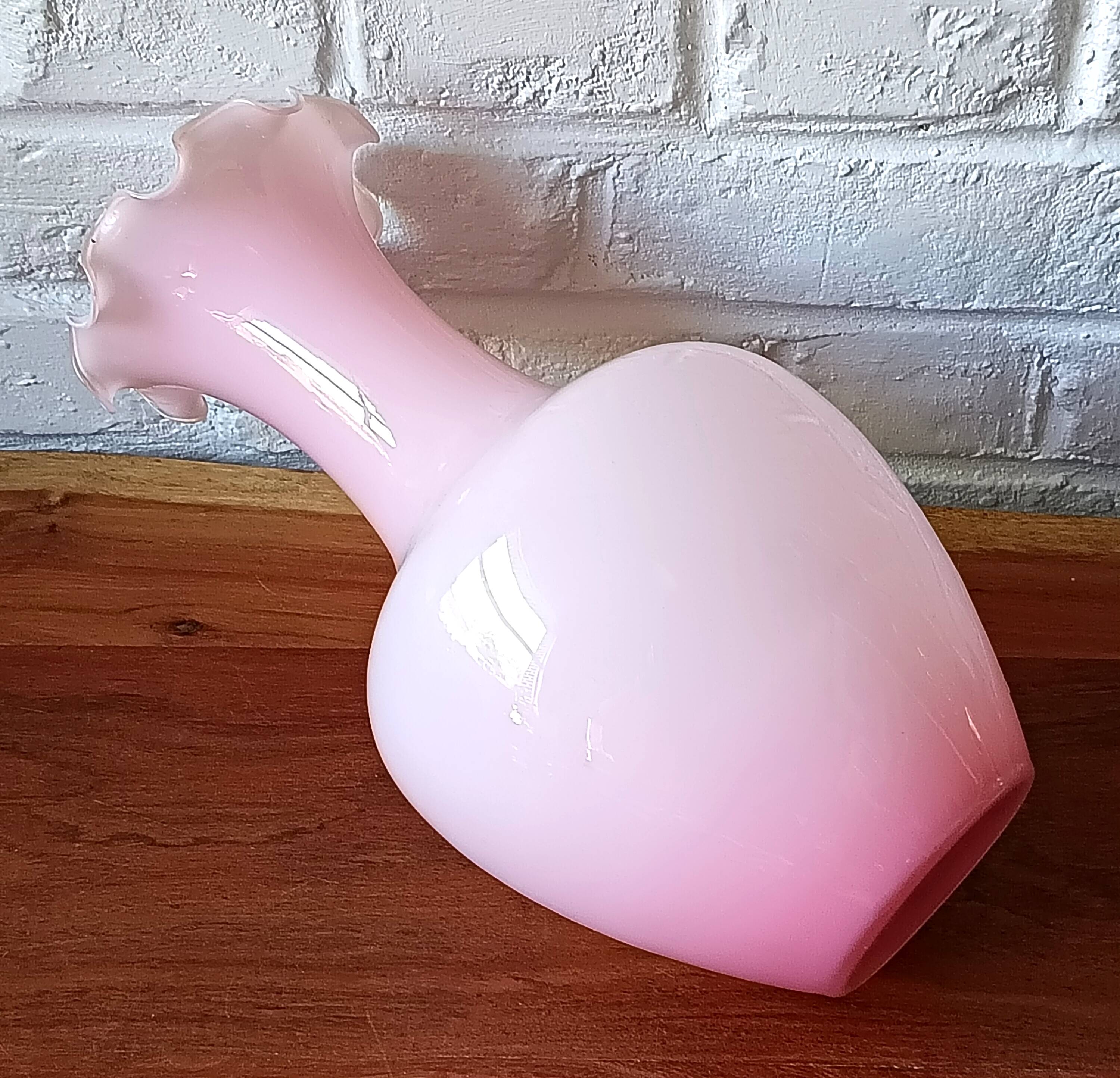 Light pink opaline vase, wavy swan neck.