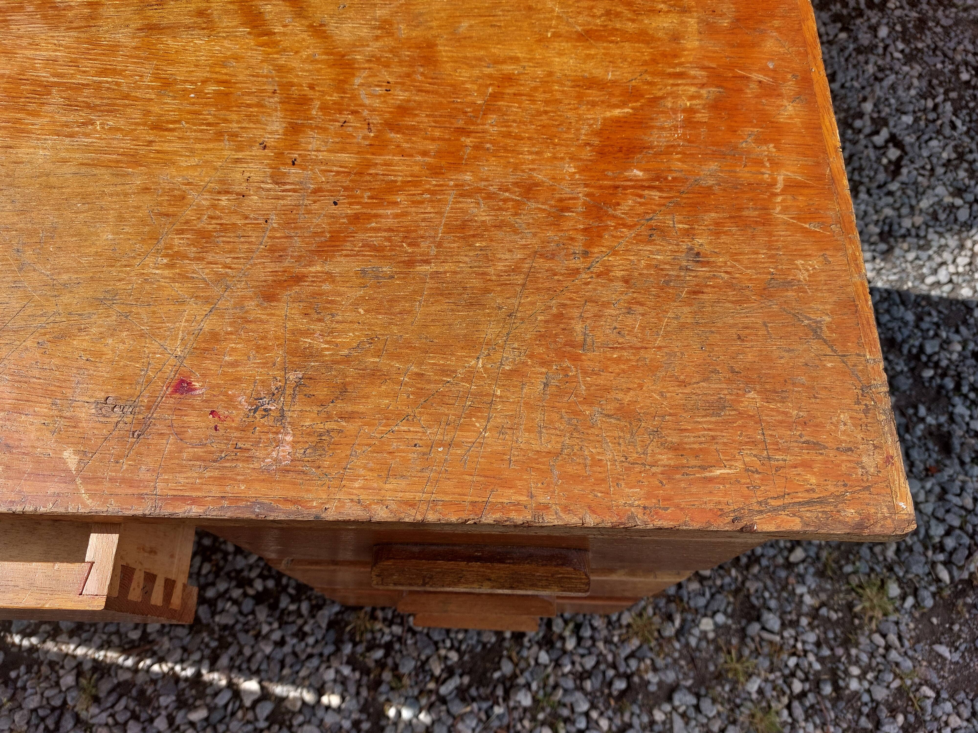 schoolmaster's desk, wood and metal, with drawers and cupboard