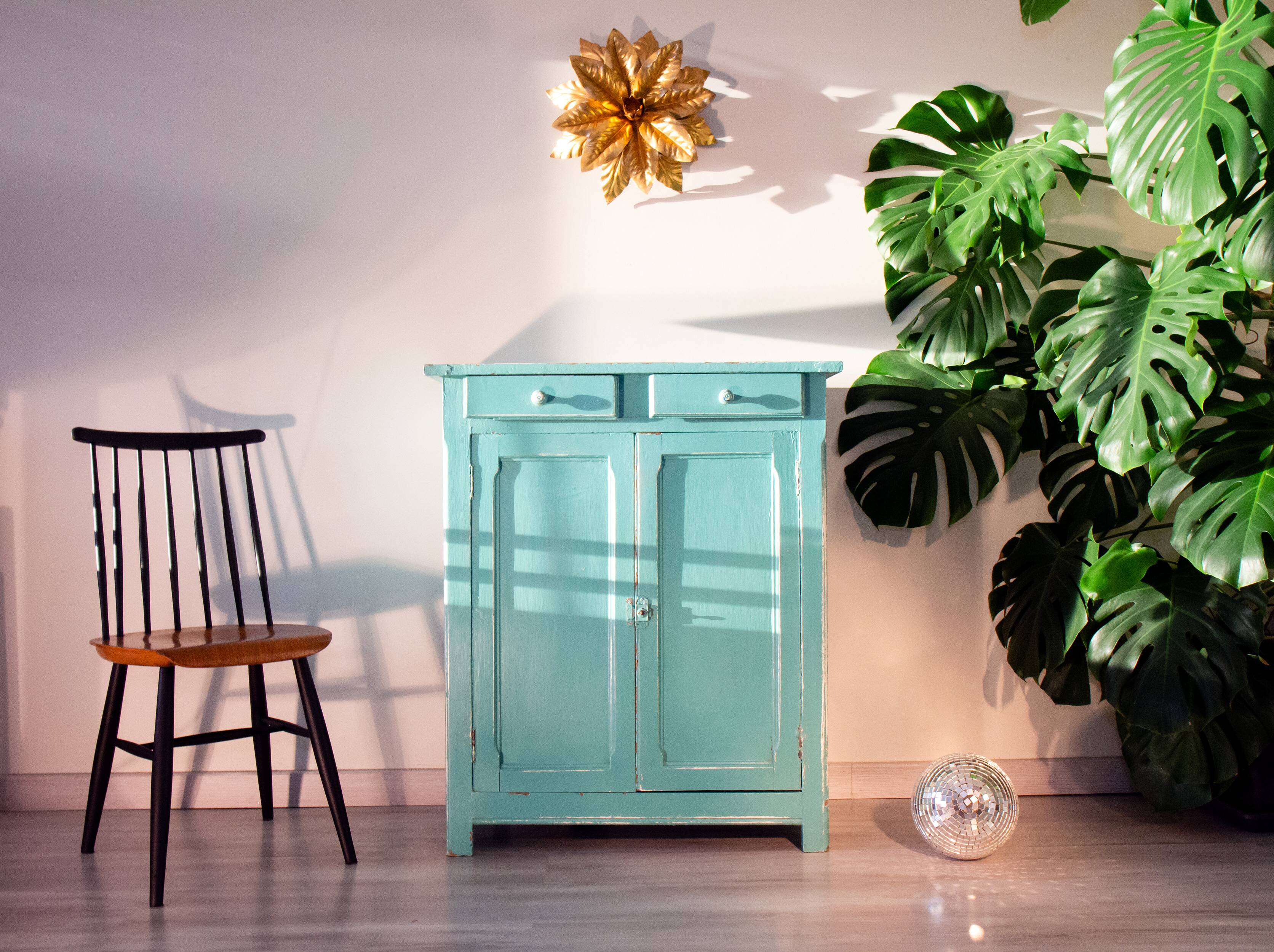 Parisian water green sideboard, patinated wood, 1950