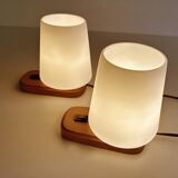 Paire de lampes scandinaves vintage, bois et verre