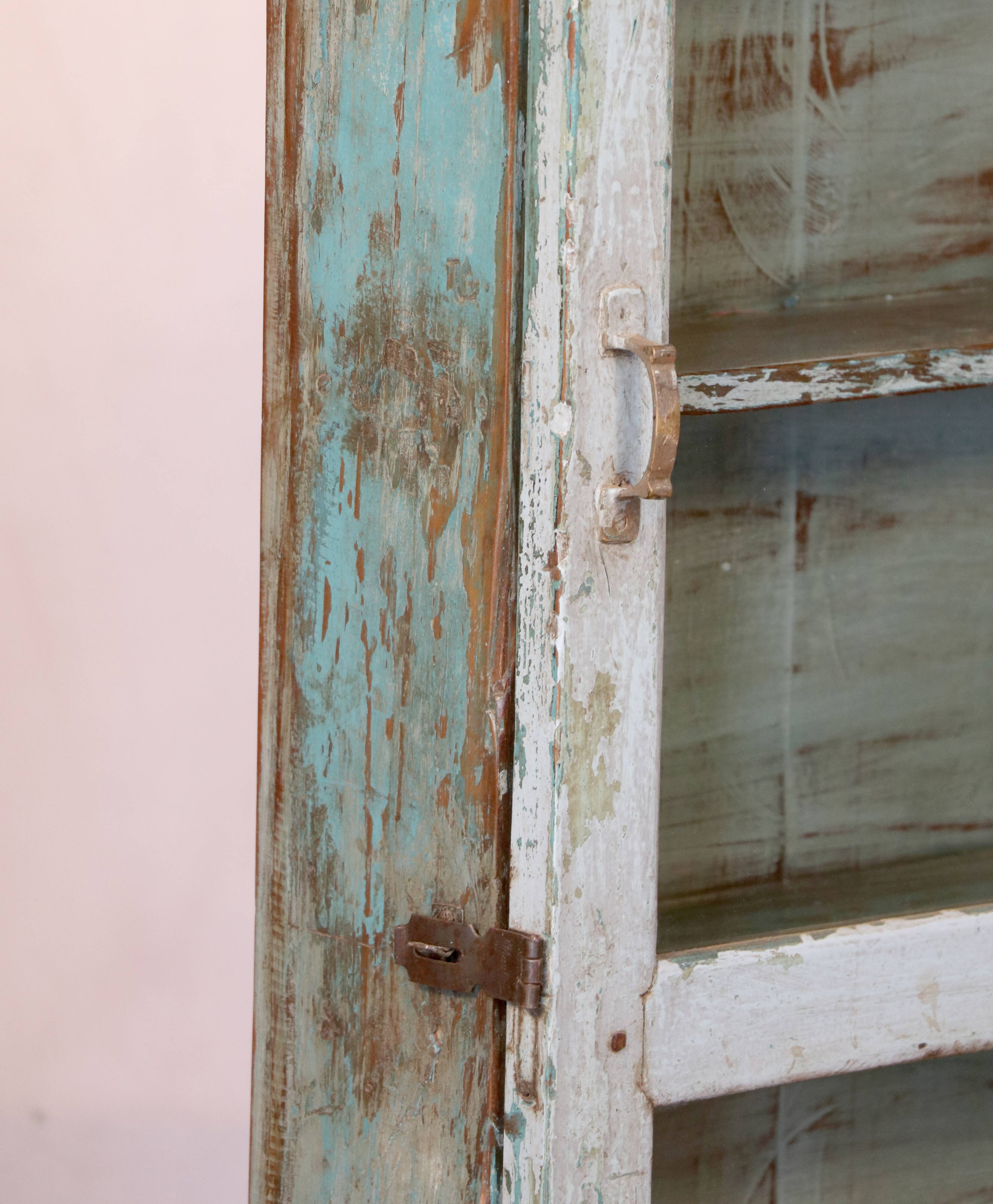 Old wall showcase in original white-blue patina Burmese teak