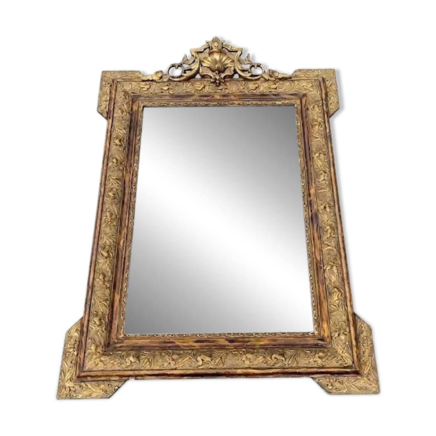 Antique mirror with gilded stucco, shell pediment, old glass, 95 cm