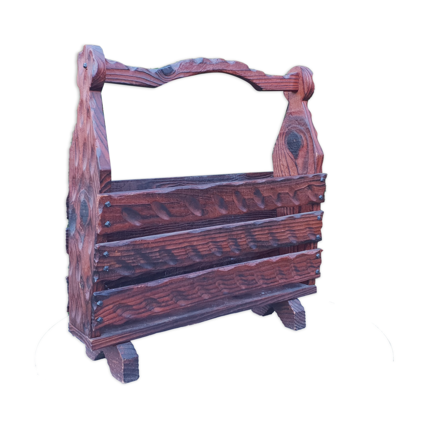 Brutalist pine magazine holder 1970