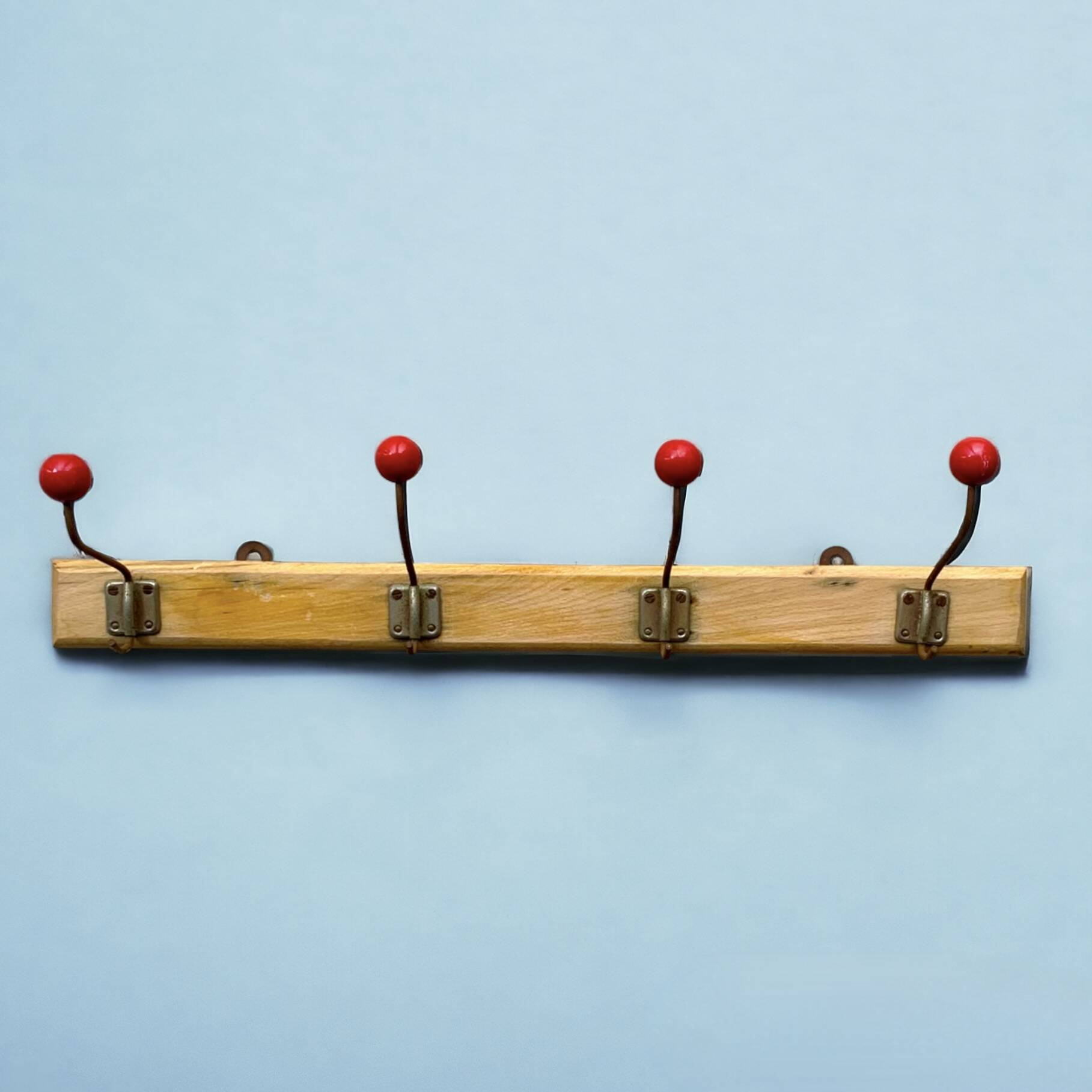 Vintage wooden wall coat rack - 4 red ball coat hooks