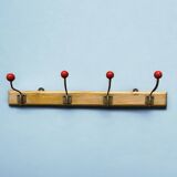 Vintage wooden wall coat rack - 4 red ball coat hooks