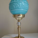 Lampe vintage art-déco pied doré et globe bleu