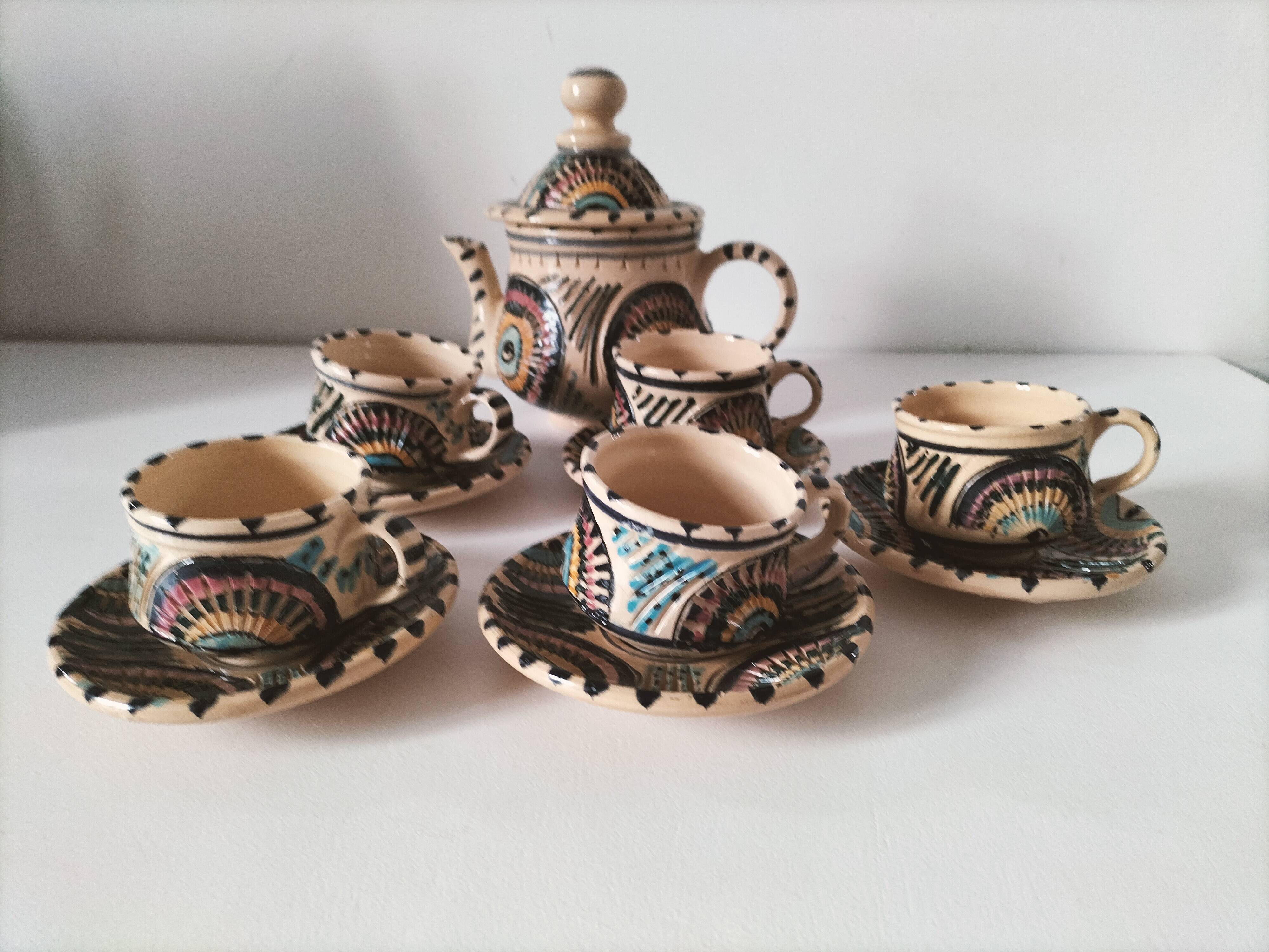 Vintage Moroccan tea set, teapot and 6 cups and saucers