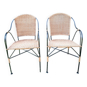 Paire de fauteuils en rotin et fer forgé