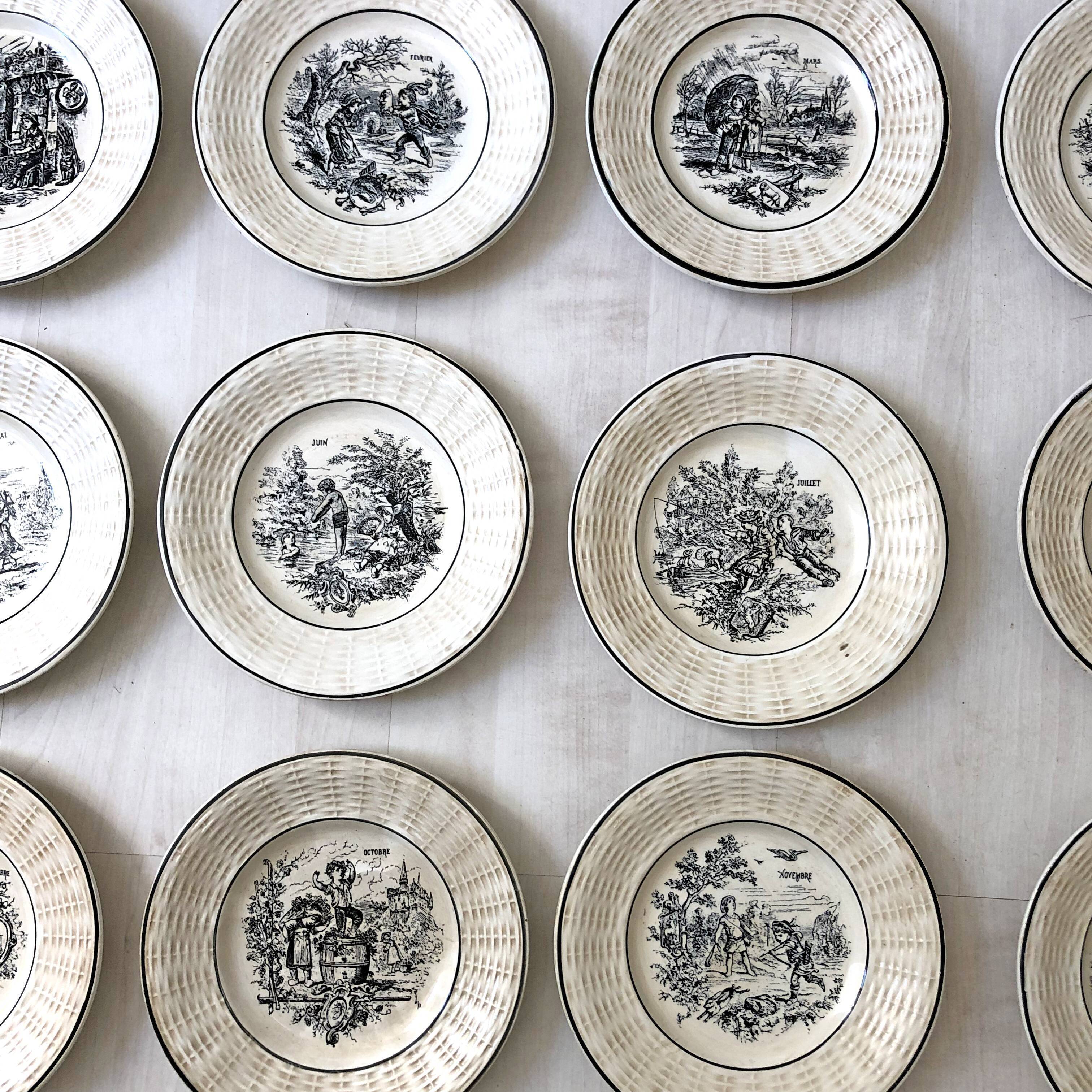 Set of 12 "Les Mois" dessert plates by Digoin Sarreguemines