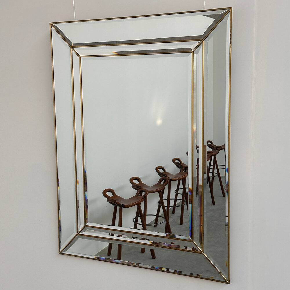 Vintage brass beveled wall mirror, large Hollywood Regency mirror, Mid-Century Modern