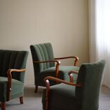 Danish Art Deco, set of 3 oak armchairs, reupholstered in green mohair, 1930s.