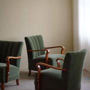 Danish Art Deco, set of 3 oak armchairs, reupholstered in green mohair, 1930s.