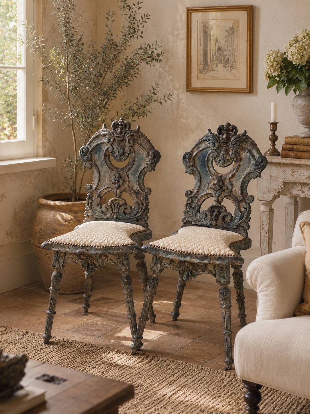 Pair of Louis XIII style chairs in patinated solid oak – piece