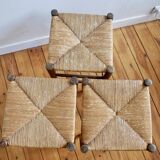 Set of 3 neo-rustic straw and wood stools