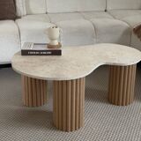 "Pear" coffee table in travertine and fluted wood | raw oak | 3 legs
