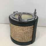 Ice bucket in leather, rope, and chrome. In the style of Jacques Adnet