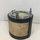 Ice bucket in leather, rope, and chrome. In the style of Jacques Adnet