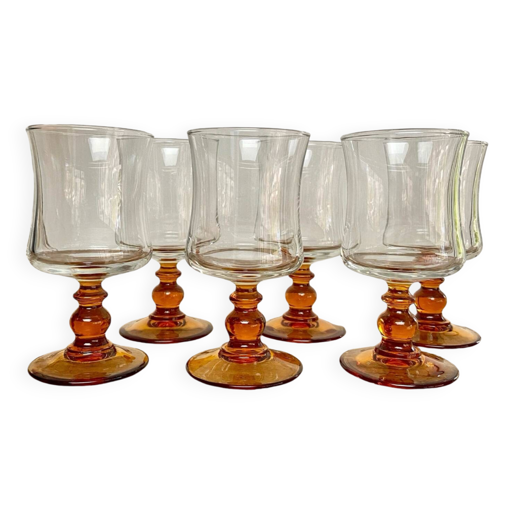 6 small vintage amber stemmed glasses