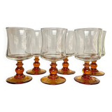 6 small vintage amber stemmed glasses