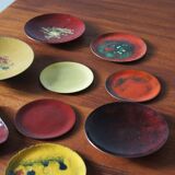 Vintage Brass & Enameled Plates, Set of 9