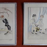 Illustration from the 1930s representing 2 characters signed Dudret
