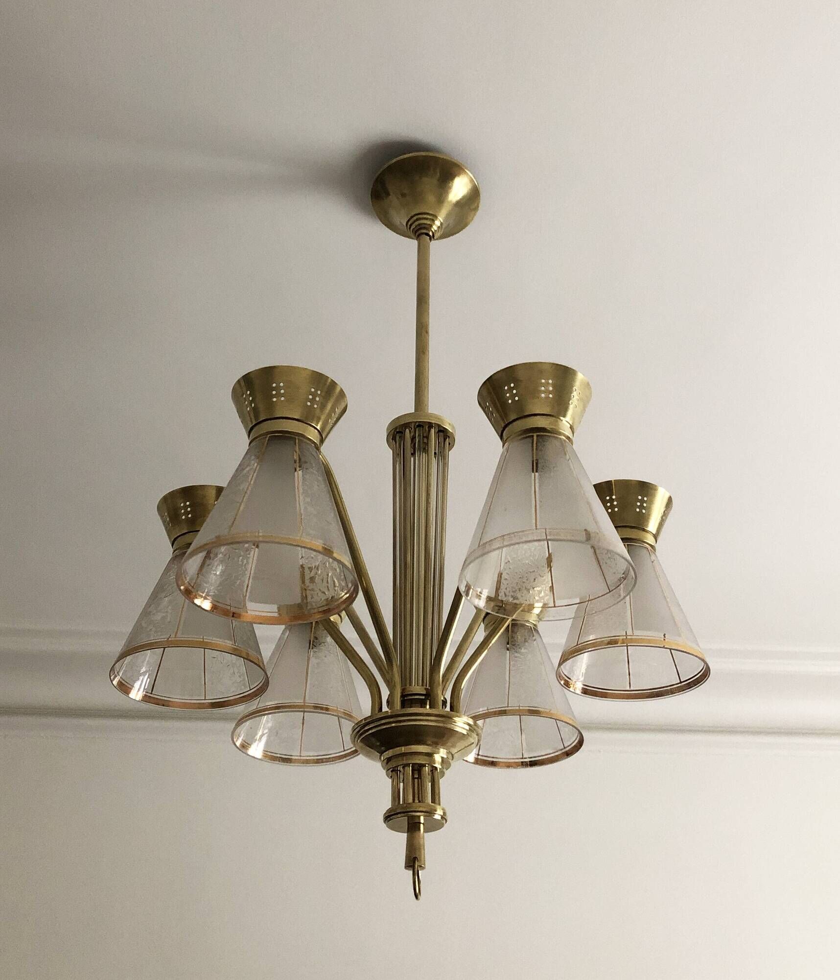 1950s six-branch brass and glass chandelier