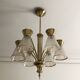 1950s six-branch brass and glass chandelier