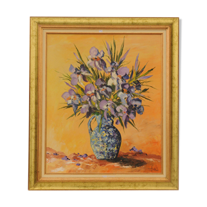 Huile sur toile Les iris au vase